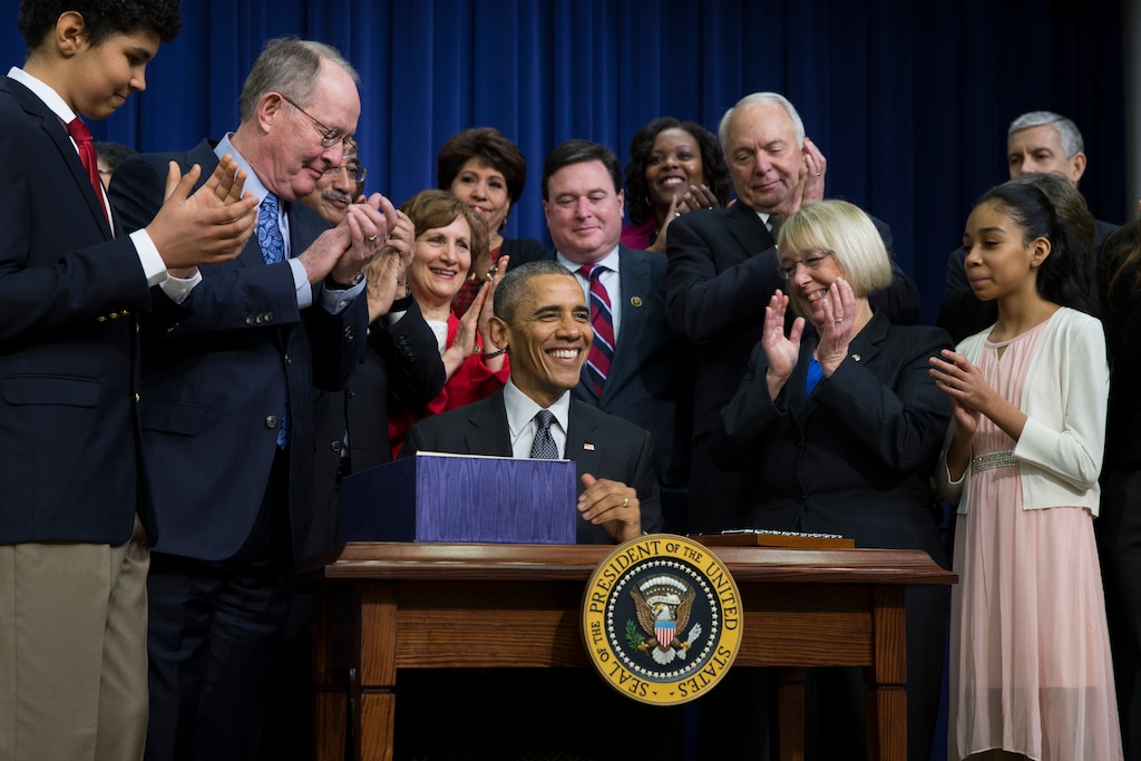 FILE - In this Dec. 10, 2015 file photo, President Barack Obama speaks before signing the "Every Student Succeeds Act," in Washington. In the two years prior to May 1, 2018, the Bill and Melinda Gates Foundation has spent about $44 million on grants related to the Every Student Succeeds Act, or ESSA, according to an Associated Press review of the foundation's grants database. (AP Photo/Evan Vucci, File)