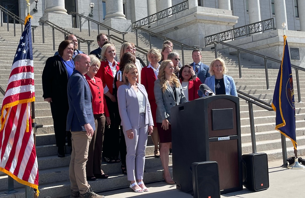 (Bryan Schott | The Salt Lake Tribune) Gov. Spencer Cox joins a group of women Republican lawmakers at the launch of the Republican Women Lead political action committee.
