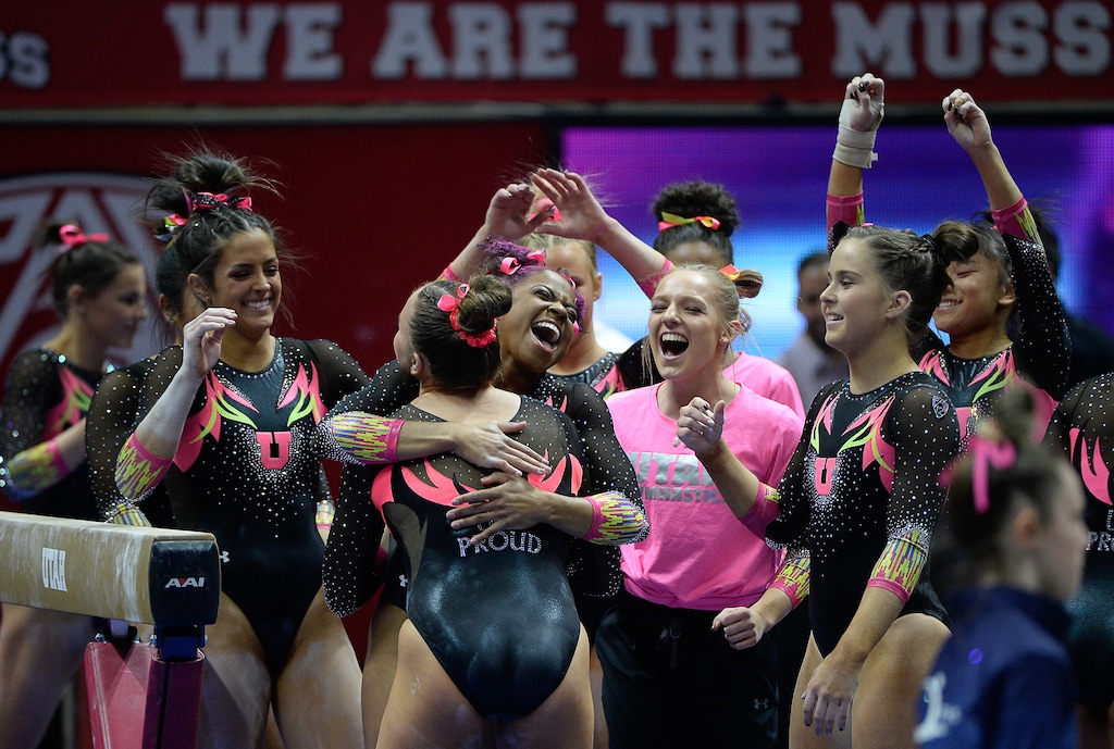 (Francisco Kjolseth  |  The Salt Lake Tribune) Maile O'Keefe is cheered by her teammates after getting a 9.975 on the beam as the fourth-ranked University of Utah Red Rocks gymnastics team host Stanford, Friday, March 6, 2020, at the Jon M. Huntsman Center in Salt Lake City.