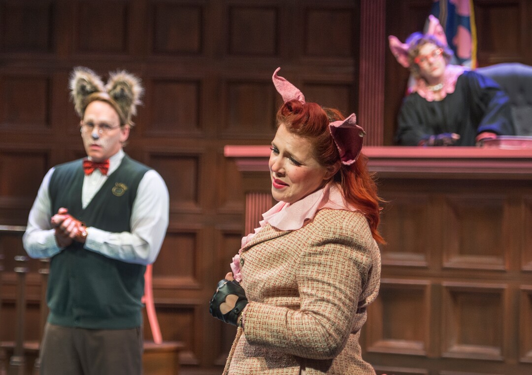 (Leah Hogsten  |  The Salt Lake Tribune) Alexander T. Wolf, played by Derek Gregerson, from left, Julia, played by Becky Jeanne, and The Honorable Prudence, played by Betsy West, during Salt Lake Acting Company's annual children's show "The True Story of the 3 Little Pigs," running through Dec. 29.