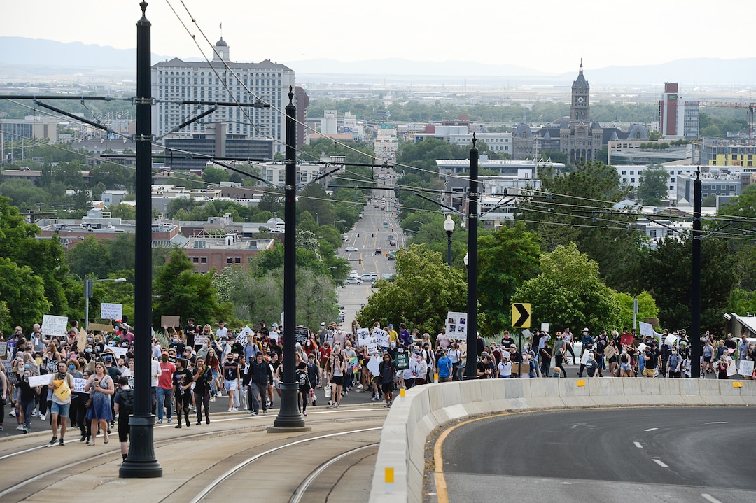 (Francisco Kjolseth  |  The Salt Lake Tribune) Demonstrators protesting against police brutality make their way to the University of Utah on Wednesday, June 3, 2020, in Salt Lake City, as the initially set 8 p.m. weeklong curfew was removed.