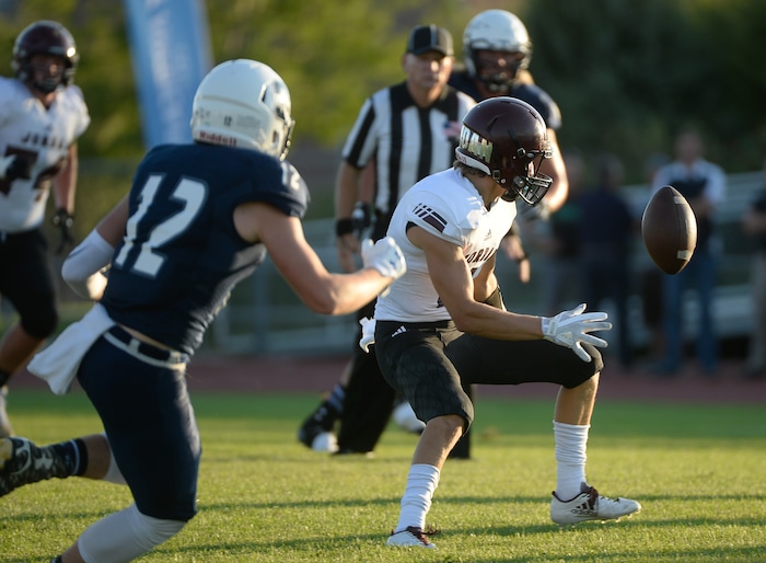 (Francisco Kjolseth  |  The Salt Lake Tribune)  Ethan Bolingbrooke of Jordan loses control of the ball in game action at Syracuse on Thursday, Aug. 24, 2017.