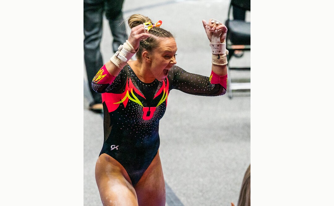 (Rick Egan | The Salt Lake Tribune) Maile O'Keefe reacts after competing on the uneven bars, in PAC-12 gymnastics action Utah vs Arizona, at the Huntsman Center onSaturday, Jan. 23, 2021.