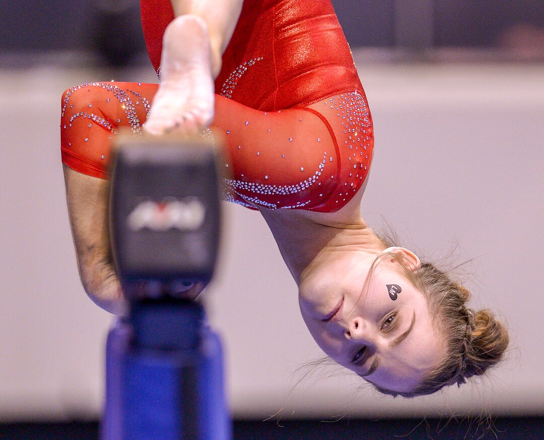 Leah Hogsten  |  The Salt Lake Tribune Utah's Adrienne Randall on the beam as No. 3 University of Utah gymnastics team meets BYU gymnastics at the Marriot Center, Jan. 10, 2019.