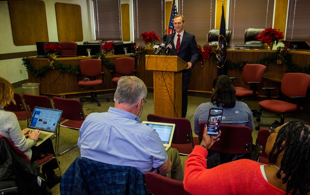 (Rick Egan  |  The Salt Lake Tribune)  Ben McAdams announces during news conference at Murray City Hall, Monday, Dec. 16, 2019, that he will vote yes on the House impeachment vote.