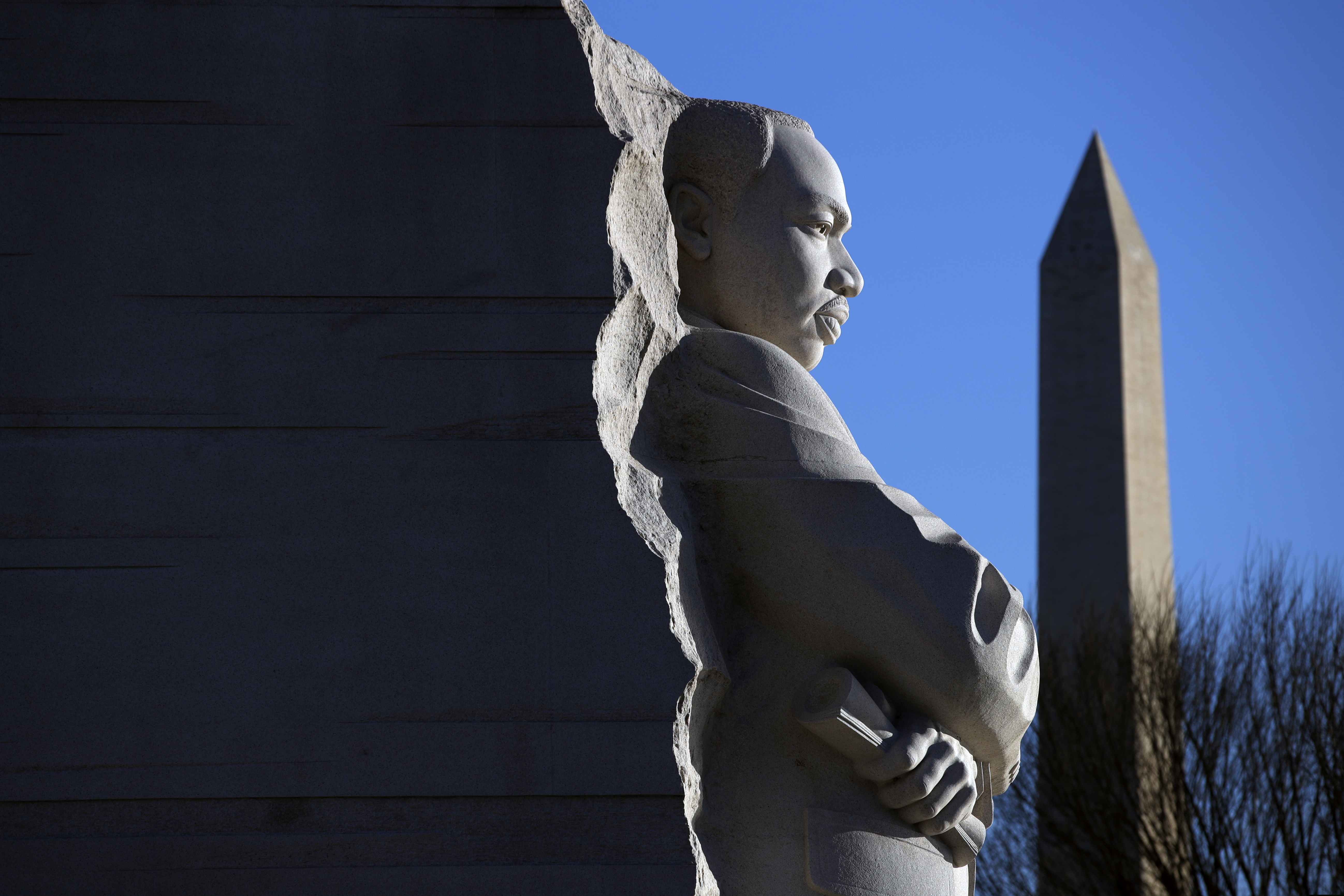 (Jacquelyn Martin | AP) The Martin Luther King, Jr. Memorial on MLK Day, Monday, Jan. 21, 2019, in Washington, with the Washington monument, rear.