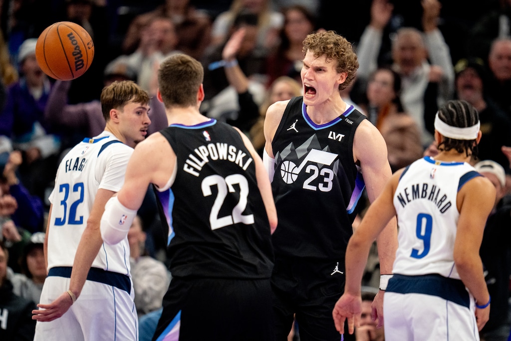 (Trent Nelson  |  The Salt Lake Tribune) Utah Jazz forward Lauri Markkanen (23) celebrates after a dunk in overtime as the Utah Jazz host the Dallas Mavericks, NBA basketball in Salt Lake City on Monday, Dec. 15, 2025.