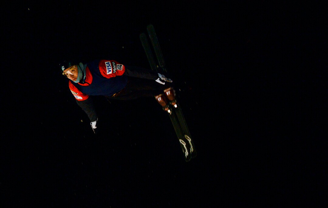 (Leah Hogsten  |  The Salt Lake Tribune) U.S. Freestyle Ski Team member Chris Lillis performs his aerial routine during practice Jan. 7, 2020 at the Utah Olympic Park.