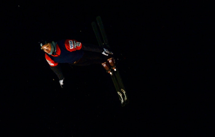 (Leah Hogsten  |  The Salt Lake Tribune) U.S. Freestyle Ski Team member Chris Lillis performs his aerial routine during practice Jan. 7, 2020 at the Utah Olympic Park.