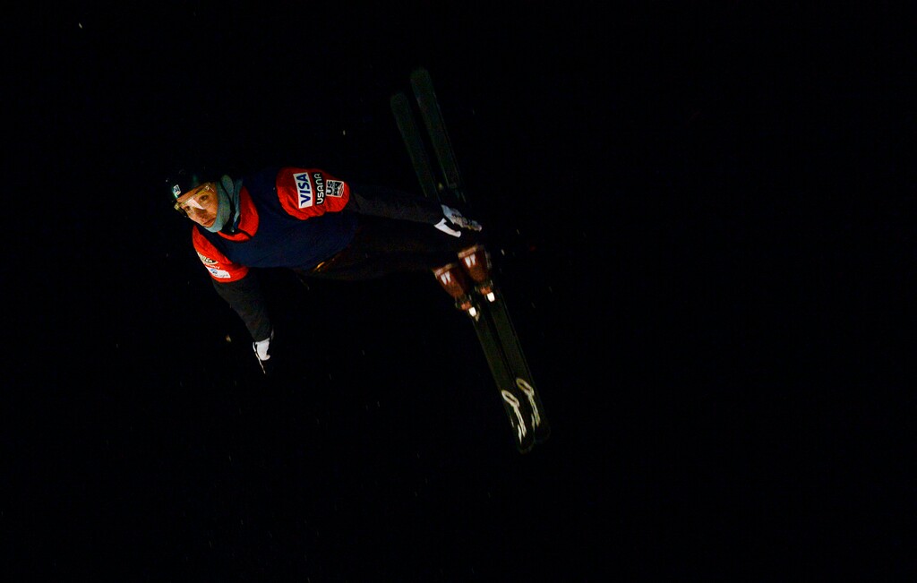 (Leah Hogsten | The Salt Lake Tribune) U.S. Freestyle Ski Team member Chris Lillis performs his aerial routine during practice Jan. 7, 2020 at the Utah Olympic Park. Lillis, the national champion, is looking forward to the FIS Freestyle World Cup at Deer Valley Resort on Feb. 2-6, 2021, even though it won't allow fans and won't be held under the lights.
