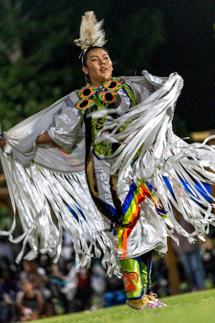 (Leah Hogsten | The Salt Lake Tribune Dancers are a whirl of regalia and color at the 41st Annual Paiute Indian Tribe of Utah Restoration Gathering, Aug. 13, 2021 in Cedar City, Utah.