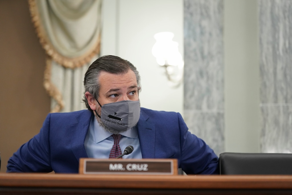 (Stefani Reynolds | Pool via AP)

Sen. Ted Cruz, R-Texas, wears a face mask as he arrives for a confirmation hearing for Transportation Secretary nominee Pete Buttigieg before the Senate Commerce, Science and Transportation Committee on Capitol Hill, Thursday, Jan. 21, 2021, in Washington.