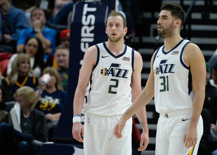 (Francisco Kjolseth  |  The Salt Lake Tribune)  Utah Jazz forward Joe Ingles (2) and Utah Jazz forward Georges Niang (31) as the Utah Jazz host the Oklahoma City Thunder in their NBA basketball game at Vivint Smart Home Arena in Salt Lake City on Mon. Dec. 9, 2019.
