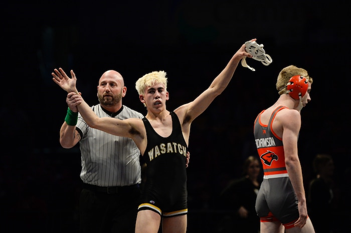 (Francisco Kjolseth  |  The Salt Lake Tribune)  Mitchell Slack of Wasatch celebrates his win over Jayden Adamson in Class 5A 113 state wrestling championship match at the Utah Valley University UCCU Center on Thursday, Feb. 8, 2018.