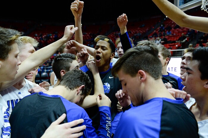 (Francisco Kjolseth  |  The Salt Lake Tribune)  Weber vs Pleasant Grove, 6A State high school basketball tournament at the Huntsman Center in Salt Lake City, Thursday March 1, 2018. Pleasant Grove gets pumped up before the start of the game. 