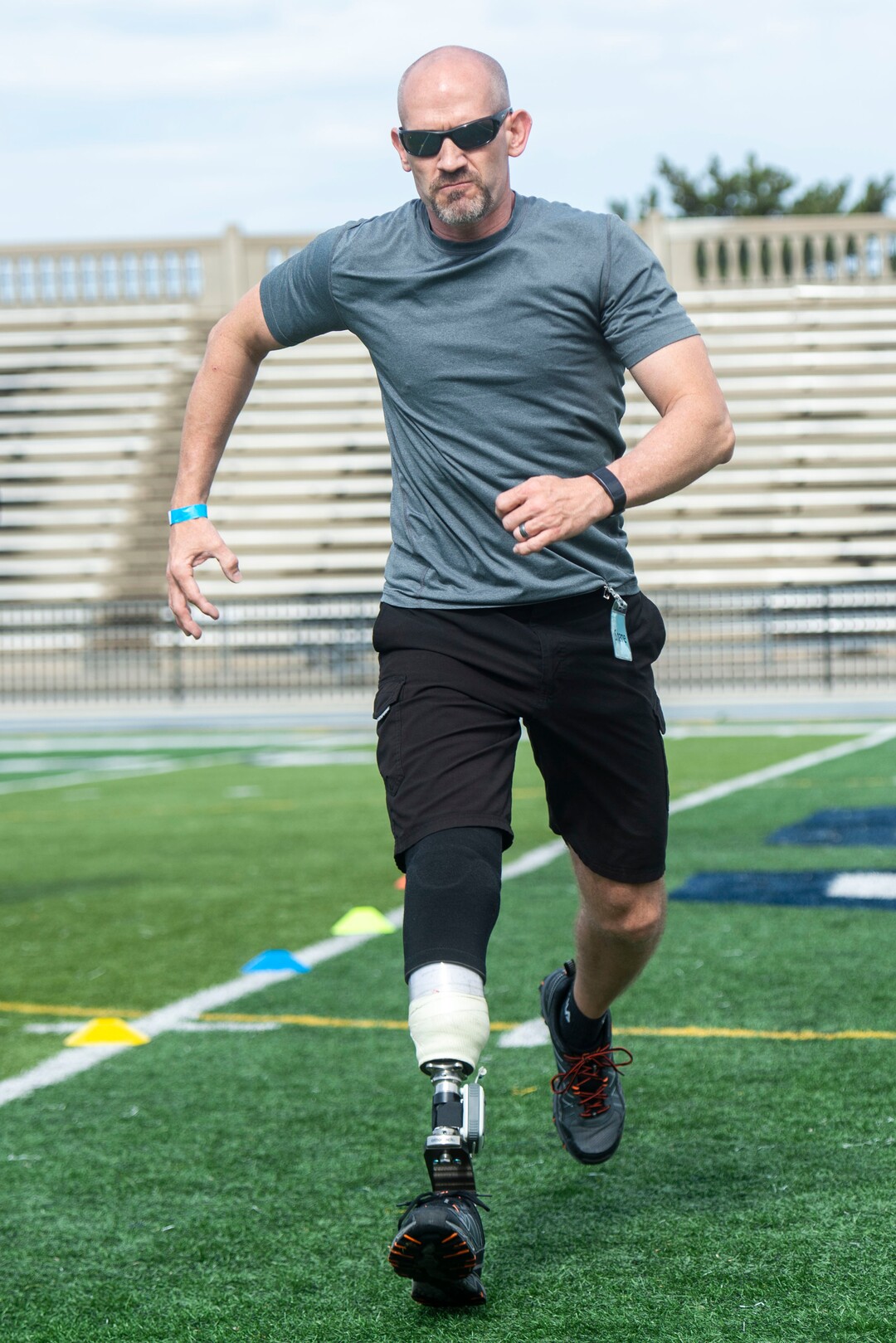(Rick Egan  |  The Salt Lake Tribune)     Shane Nye, from Ogden, practices running, during the fourth annual Utah Adaptive Mobility Clinic at Skyline High school. The clinic allows anyone with "lower extremity limb loss or limb difference" or amputees without legs, to practice walking and running. Saturday, June 1, 2019.