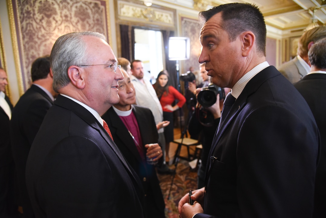 (Francisco Kjolseth  |  The Salt Lake Tribune)  Jack Gerard of The Church of Jesus Christ of Latter-day Saints, left,  speaks with House Speaker Greg Hughes following a press announcement where supporters opponents of UtahÕs medical marijuana initiative joined on Thursday, Oct. 4, 2018, at the Utah Capitol to announce a Òshared visionÓ for cannabis policy.