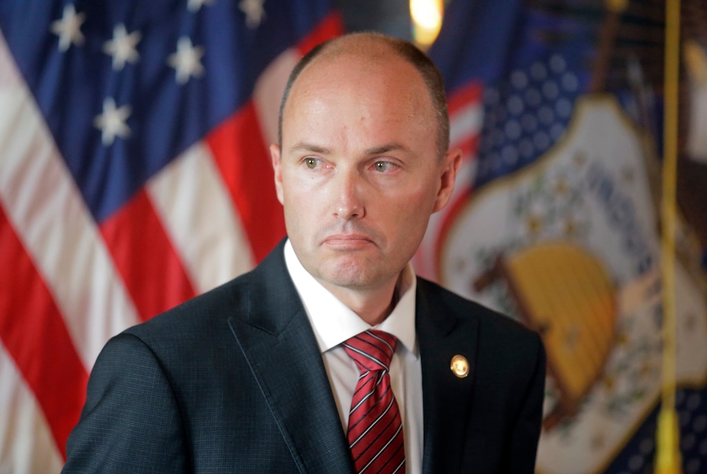 FILE - In this May 19, 2017, file photo, Utah Lt. Gov. Spencer Cox looks on during a news conference at the Utah State Capitol, in Salt Lake City. Two friends of Cox have started a political action committee to support a potential 2020 run for governor by the Republican. The Utah 2020 PAC is in its nascent stages but its organizers have started collecting pledges for small campaign donations for a future campaign and set up a website. (AP Photo/Rick Bowmer, File)