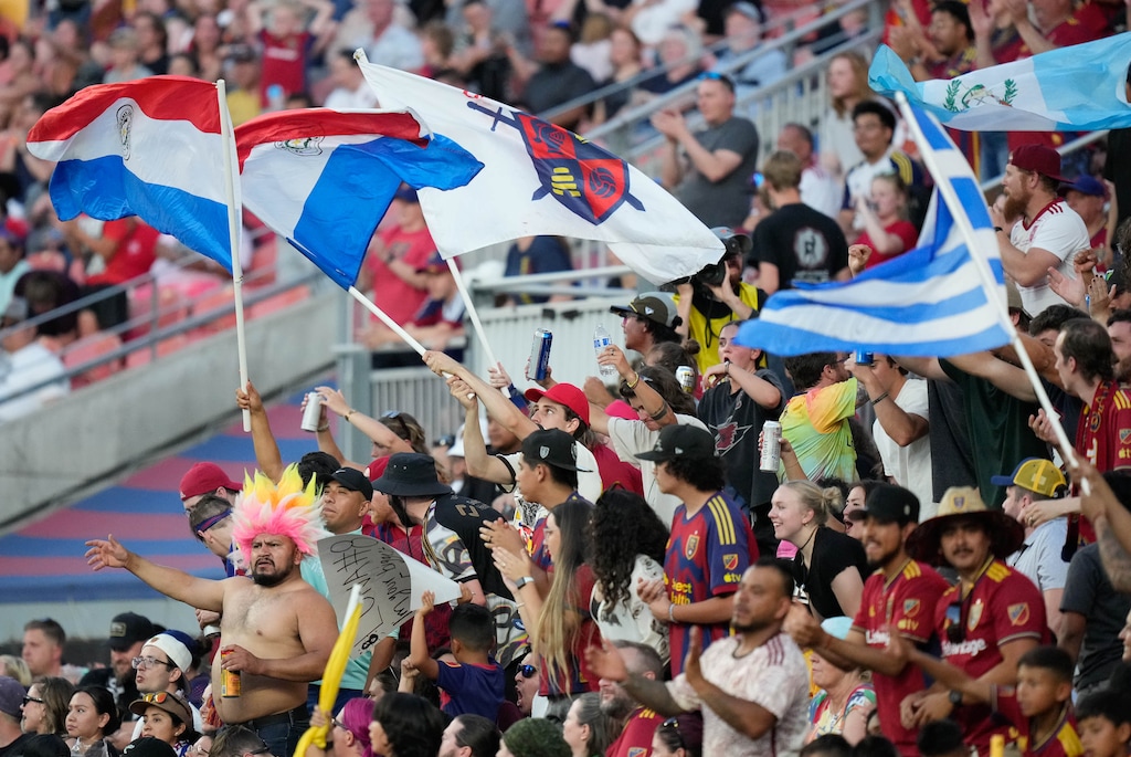 (Francisco Kjolseth  |  The Salt Lake Tribune) Members of La Barra Real cheer on Real Salt Lake during their game against the LA Galaxy on Saturday, June 22, 2024, in Sandy Utah.