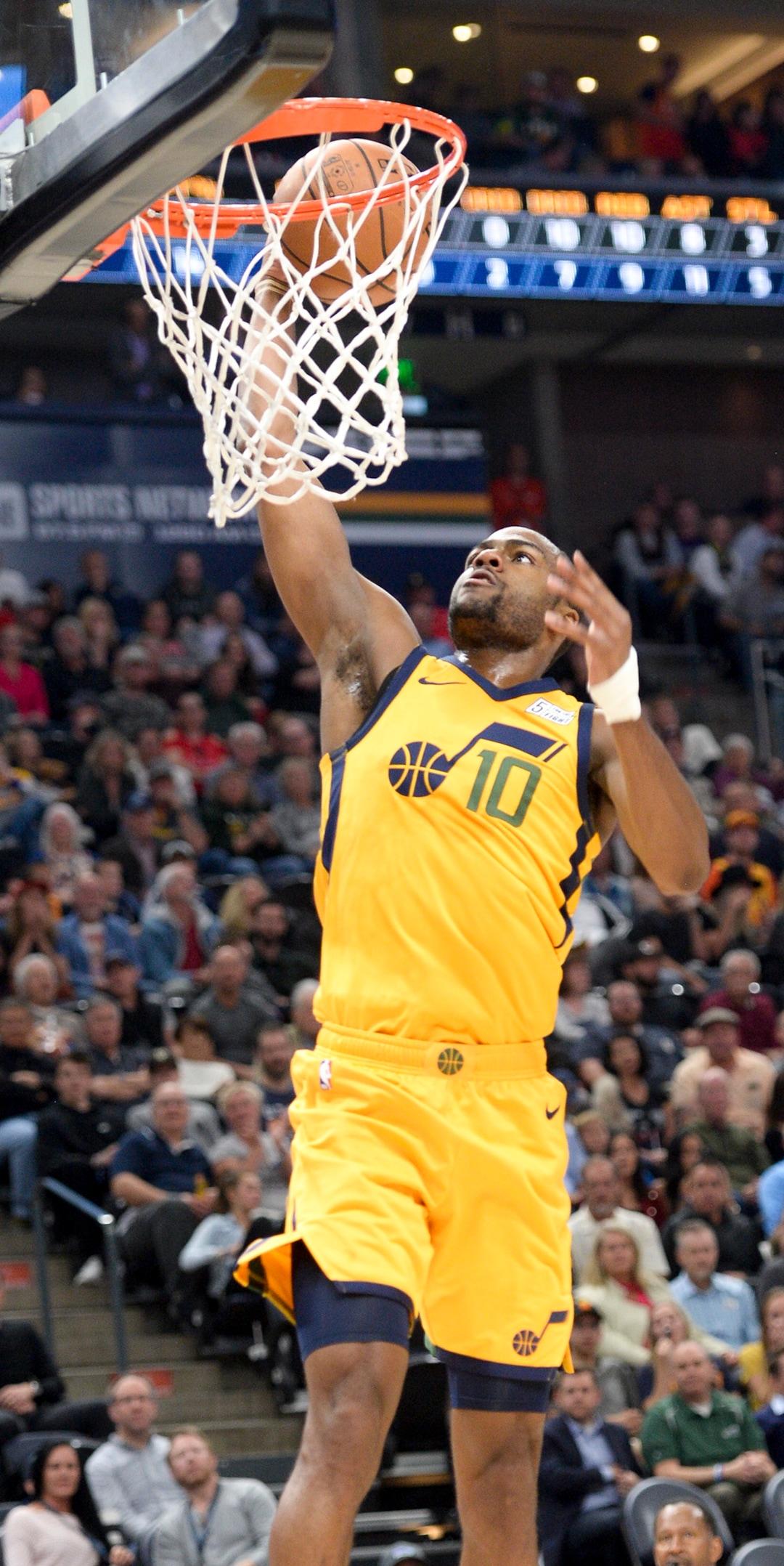 Leah Hogsten  |  The Salt Lake Tribune  Utah Jazz guard Alec Burks (10) hits the net as the Utah Jazz host the Toronto Raptors, Monday, Nov. 5, 2018 at  Vivint Smart Home Arena.