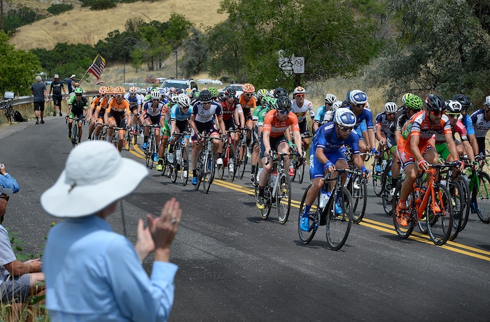 (Scott Sommerdorf   |  The Salt Lake Tribune)   Riders on Bonneville Blvd. just after the start of stage 7 of the Tour of Utah. Robert Britton is the winner of the 2017 Tour of Utah, Sunday, August 6, 2017.