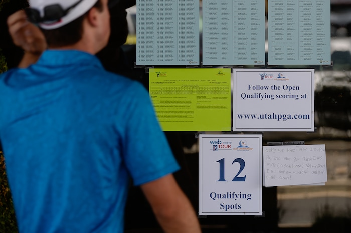 (Francisco Kjolseth  |  The Salt Lake Tribune)  A mixture of local pros and nationwide travelers make their annual attempt to qualify for the Utah Championship on the Web.com Tour as they play at Talons Cove Golf Course in Saratoga Springs on Monday, July 7, 2018, for a shot to play in a PGA Tour-brand event. Only 12 players advance from a field of roughly 140.