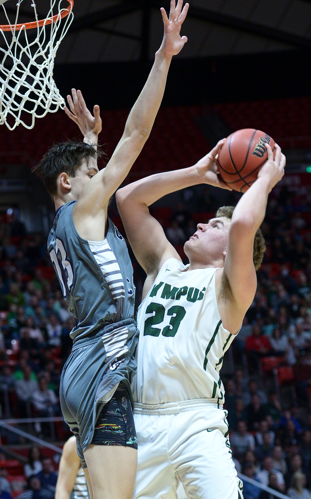 (Leah Hogsten  |  The Salt Lake Tribune) Olympus' Harrison Creer (23) had 16 point in the first half. Olympus plays Corner Canyon for the 5A High School BoysÕ Basketball Tournament Championship at the Jon M. Huntsman Center in Salt Lake City,  Saturday, March 3, 2018.