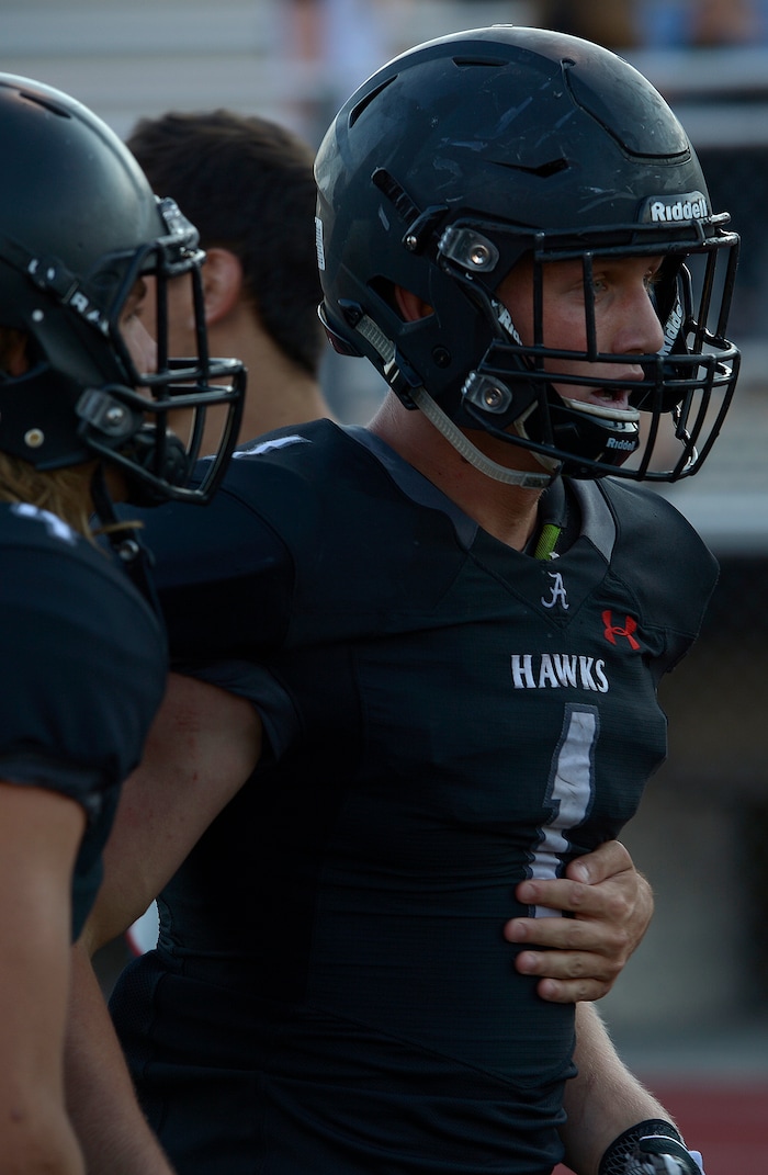 (Leah Hogsten  |  The Salt Lake Tribune)  Alta's Zach Engstrom caught four touchdown passes. Lehi High School leads Alta High School 42-28 during their game, Friday, August 18, 2017 in Sandy. 
