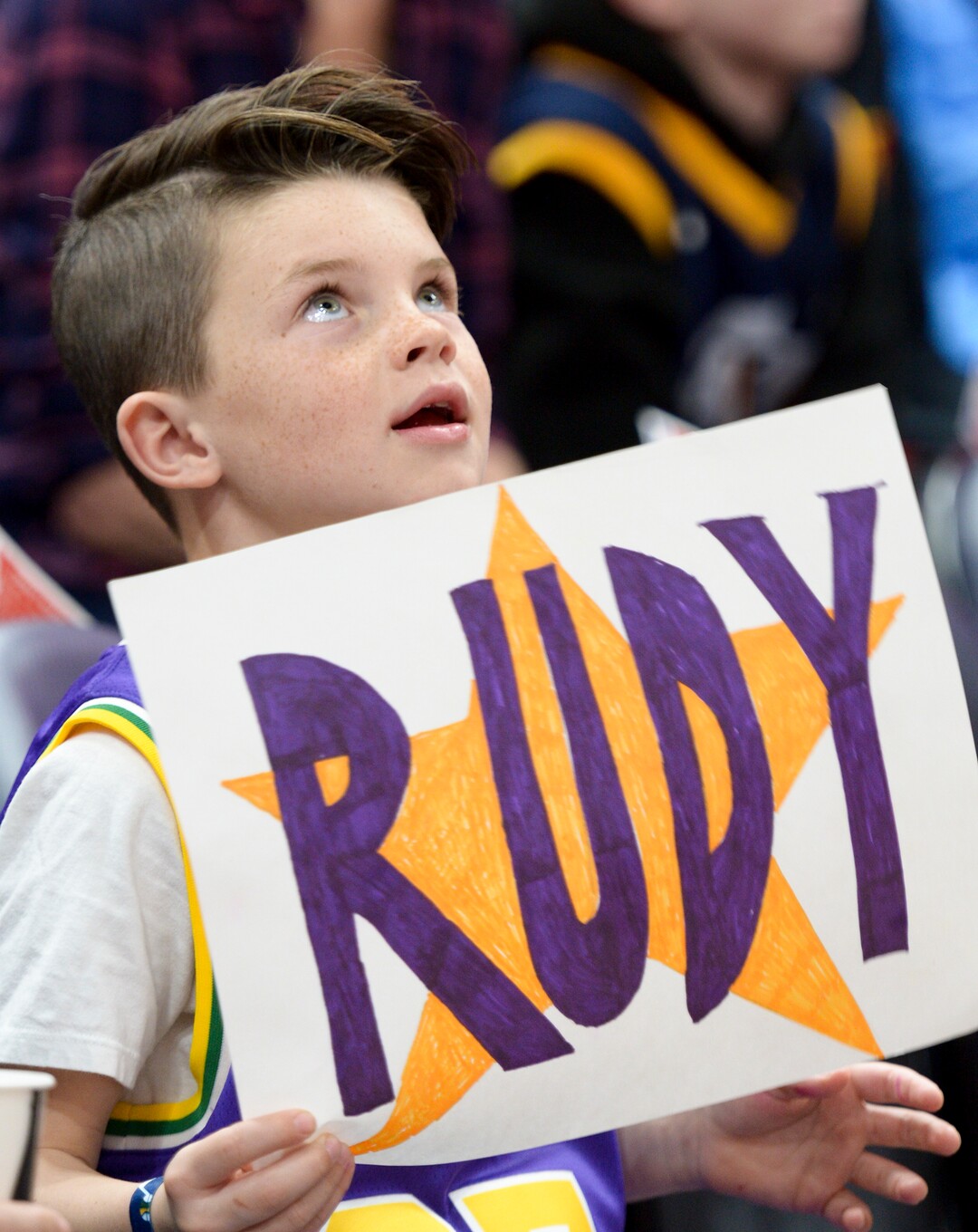 Leah Hogsten  |  The Salt Lake Tribune  Cruz Wilkins, 6, of Highland show his support for Utah Jazz center Rudy Gobert (27). The Utah Jazz defeated the Atlanta Hawks, 128-112  at Vivint Smart Home Arena, Feb. 1, 2019. 