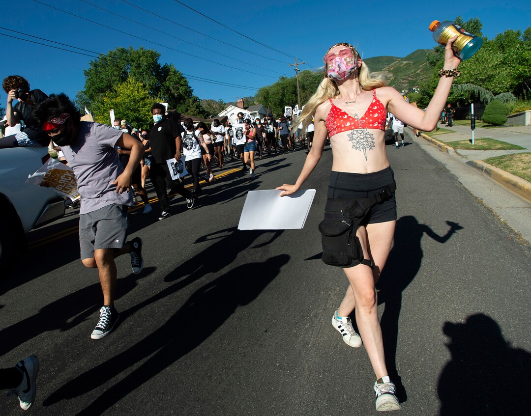(Rick Egan  |  The Salt Lake Tribune)     Protesters on Foothill Drive, during a march for Justice in Salt Lake City, on Sunday, July 12, 2020.