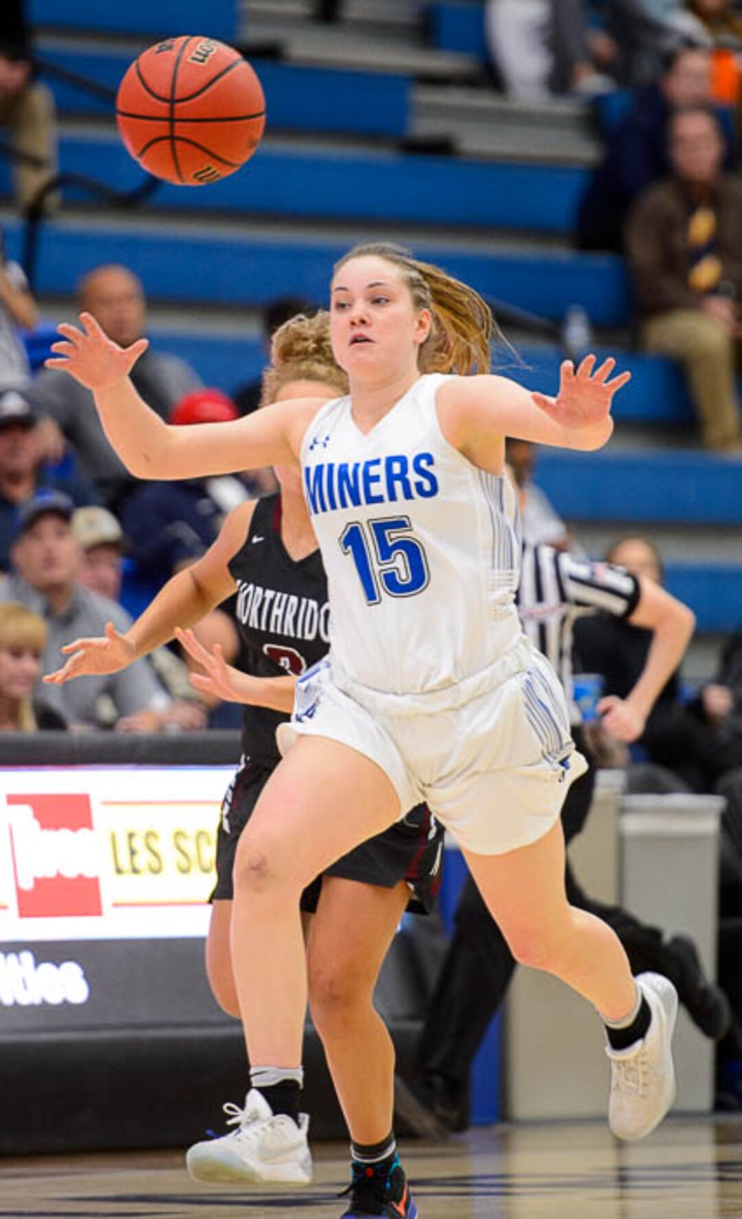 (Trent Nelson | The Salt Lake Tribune)  Bingham's Maggie McCord (15) chases down the ball as Bingham faces Northridge in the 6A High School Girls' Basketball Tournament at SLCC in Taylorsville, Thursday Feb. 22, 2018.