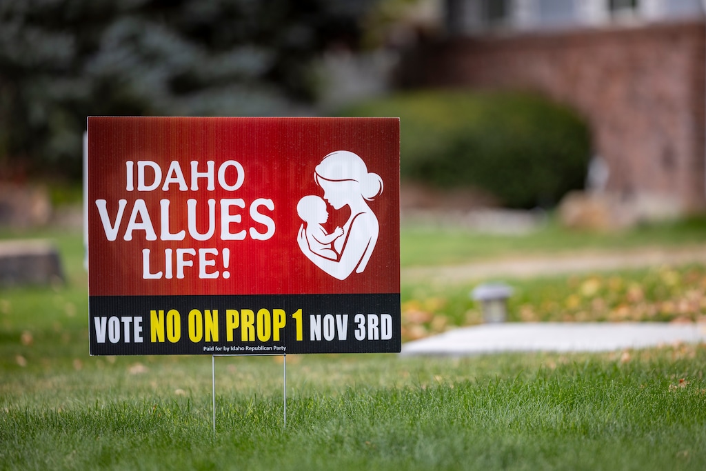 (Drew Nash | The Times-News and Special to The Tribune) A sign supporting Proposition 1 to expand abortion access is displayed on Tuesday, Oct. 13, 2026, in Twin Falls, Idaho.