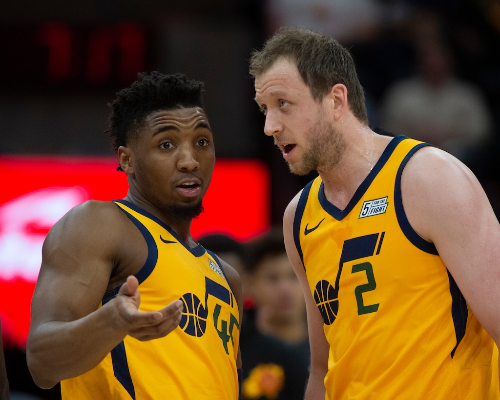 (Rick Egan  |  The Salt Lake Tribune)  Utah Jazz guard Donovan Mitchell (45) talks to Joe Ingles (2) during a break in the action, in NBA action between the Utah Jazz and Phoenix Suns, in Salt Lake City, Wednesday, Feb 6, 2019.