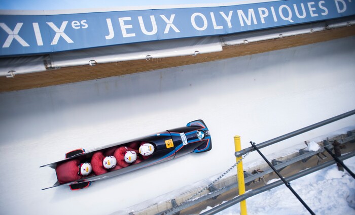 (Rick Egan  |  The Salt Lake Tribune)  The Korea team makes their first run in the BMW IBSF World Cup 4-Man Bobsleigh competition, Saturday, November 18, 2017.