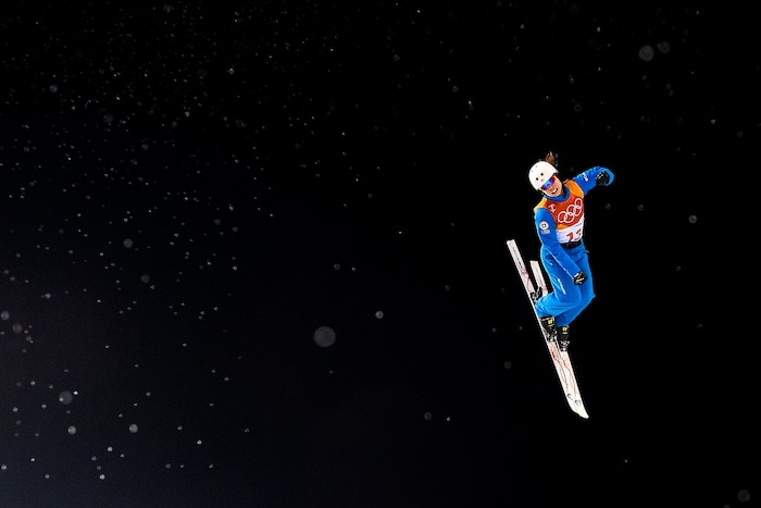 (Chris Detrick  |  The Salt Lake Tribune)  USA's Ashley Caldwell competes during the Ladies' Aerials Qualification at Phoenix Park during the Pyeongchang 2018 Winter Olympics Thursday, Feb. 15, 2018.  Caldwell's highest score was 81.81 and did not advance to the finals.