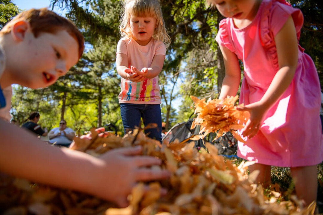 (Trent Nelson | The Salt Lake Tribune)Hans Fowler, Hannah Whitney, and Evie Fowler play with leaves at the fourth annual Food Truck Face-Off in Salt Lake City's Liberty Park, Saturday June 30, 2018.
