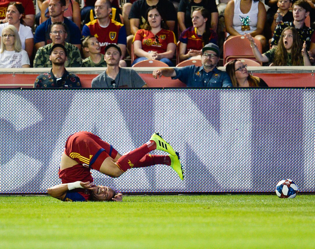 (Francisco Kjolseth  |  The Salt Lake Tribune)  Real Salt Lake defender Marcelo Silva (30) gets upended chasing down a ball as Real Salt Lake hosts Los Angeles FC at Rio Tinto Stadium in Sandy on Saturday, Aug. 17, 2019.