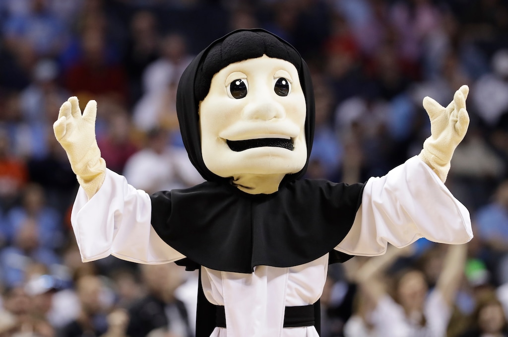 (Gerry Broome | AP) The Providence mascot performs during the first half of a first-round game against Texas A&M in the NCAA men's college basketball tournament in Charlotte, N.C., Friday, March 16, 2018.
