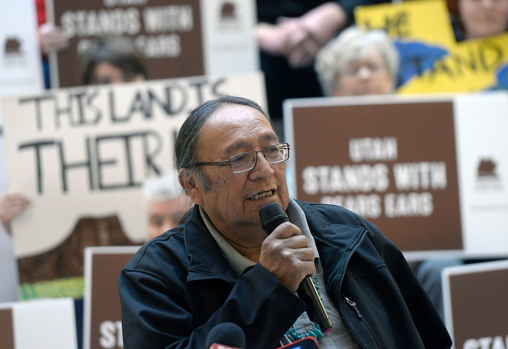 (Al Hartmann | The Salt Lake Tribune)
Jonah Yellowman, spiritual adviser to Utah Dine Bikeyah joins conservation community groups gathered at the Utah Capitol rotunda Tuesday Jan. 9 speaking out in opposition to H.R.4532 and its impact on Bears Ears National Monument.
At the same time in Washington D.C. the House Natural Resources Committee held a legislative hearing on Rep. John Curtis’ H.R. 4532 “Shash Jaa National Monument and Indian Creek National Monument Act.”
The bill would not only codify President Trump’s illegal evisceration of Bears Ears National Monument but also delegate management of the monument to local officials and tribal representatives hand-picked by the Utah delegation, foregoing input from Tribal governments. Management plans laid out in the bill exclude three of the five tribes that advocated for Bears Ears protection.