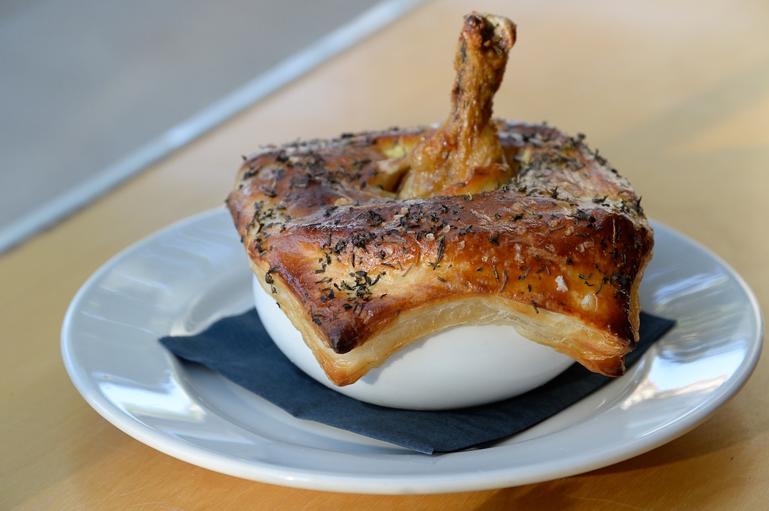 (Francisco Kjolseth  |  The Salt Lake Tribune)  The confit chicken pot pie with confit leg and thigh, mushroom and mirepoix at Oquirrh, a new fine-dining restaurant in downtown Salt Lake City at 368 E. 100 South.