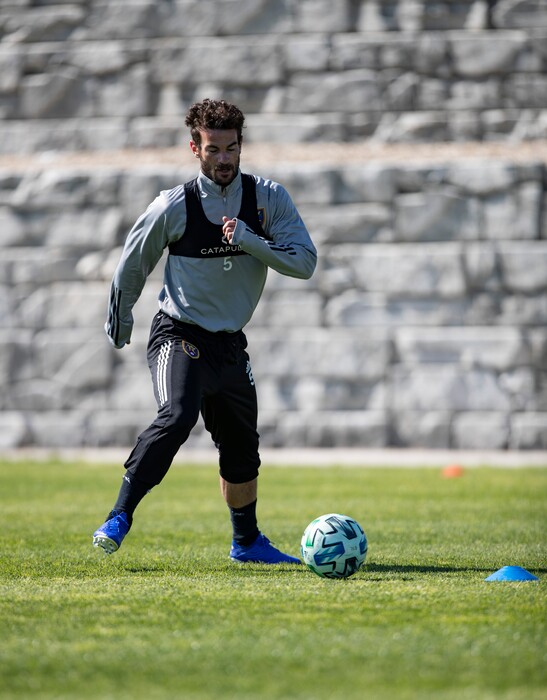 (Photo courtesy of Real Salt Lake) Midfielder Kyle Beckerman prepares to kick the ball during an individual training session Thursday, May 7, 2020 at Zions Bank Training Center in Herriman.