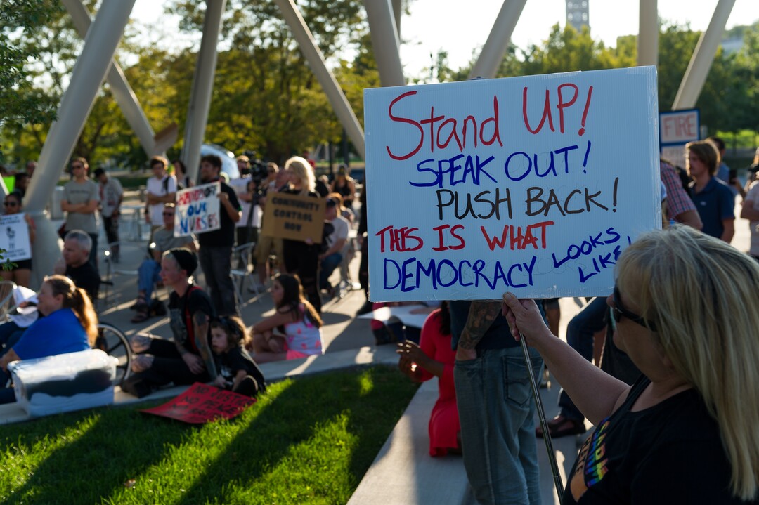 (Alex Gallivan | Special to the Tribune) People protest at an Emergency Rally hosted by Utah Against Police Brutality, in response to the arrest of U of U nurse Alex Wubbels. Wubbels was arrested by SLCPD Detective Jeff Payne after she refused to take blood from an unconscious patient, which is against hospital policy.