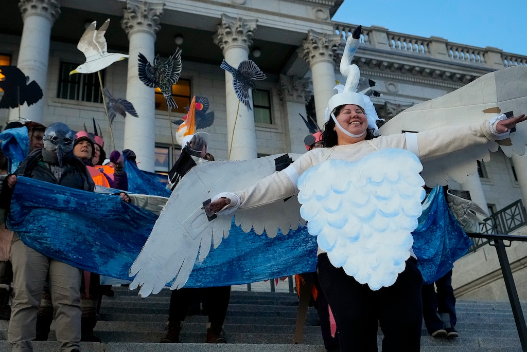 (Bethany Baker | The Salt Lake Tribune) Demonstrators with Making Waves for Great Salt Lake Artist Collaborative gather for a vigil for the Great Salt Lake at the Utah Capitol in Salt Lake City on Thursday, Jan. 18, 2024. Members of the Youth Coalition for Great Salt Lake joined in the vigils over this year's Utah Legislature session, one of the ways they are working to raise awareness of the lake's plight.