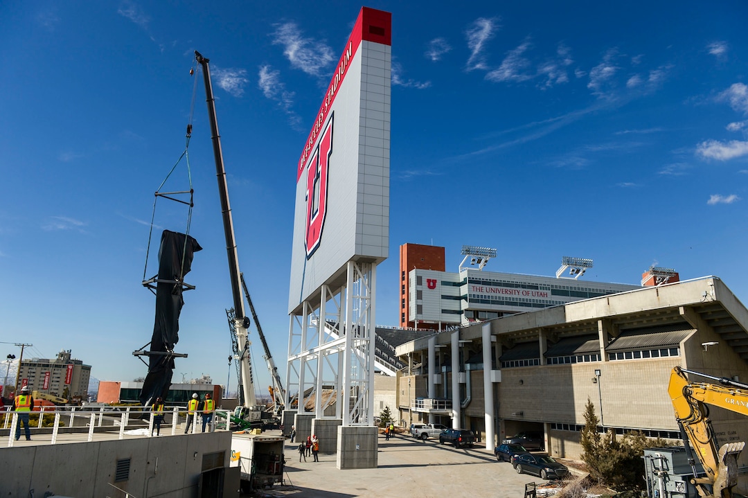 (Leah Hogsten  |  The Salt Lake Tribune)  Workers with Layton Construction and Mountain Crane began dismantling the 2002 Winter Olympic Cauldron located on the University of Utah's Rice-Eccles Stadium complex, Thursday, Feb. 13, 2020.  As part of the stadium's expansion project, the 19-year old cauldron will be restored to its former brilliance and re-installed on the grounds of Rice-Eccles Stadium, north of the ticket office, in 2021.