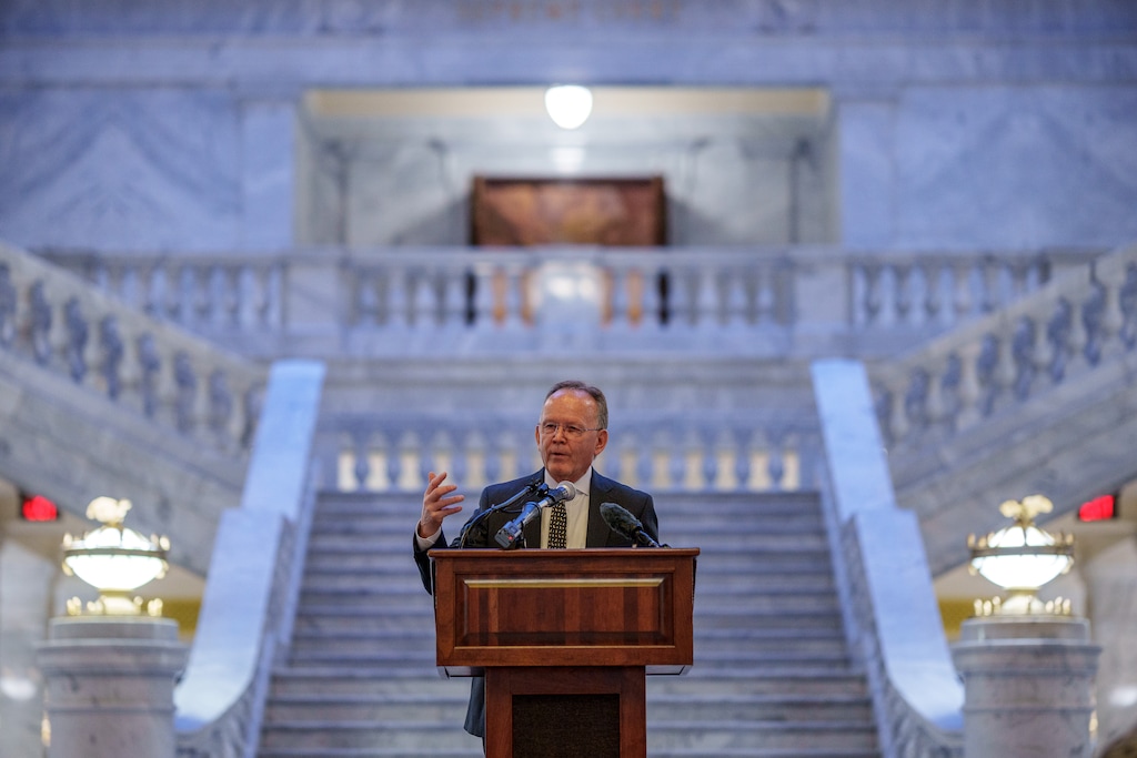 (Trent Nelson  |  The Salt Lake Tribune) Senate President Stuart Adams, R-Layton, at Utah School Boards Association's Day on the Hill event at the Utah Capitol in Salt Lake City on Monday, Jan. 27, 2025.