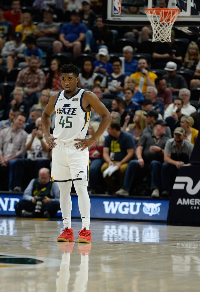 (Francisco Kjolseth  |  The Salt Lake Tribune)  Utah Jazz guard Donovan Mitchell (45) in the first half of the preseason NBA game at Vivint Smart Home Arena Tuesday, Oct. 2, 2018, in Salt Lake City.