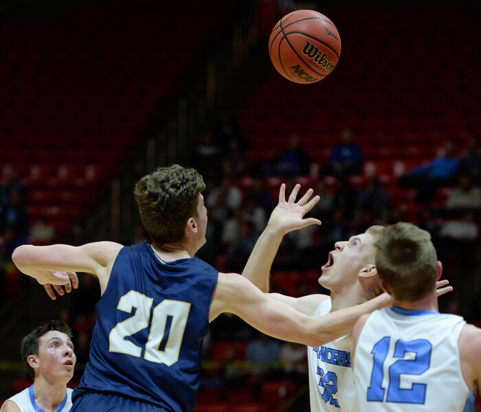 (Francisco Kjolseth  |  The Salt Lake Tribune)  Westlake vs Layton, 6A State high school basketball tournament at the Huntsman Center in Salt Lake City, Thursday March 1, 2018. Cooper Mattson (20), Skyler Turner (32), Truman Brown (12). 