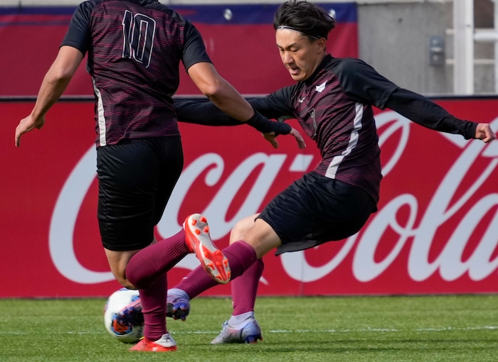 (Leah Hogsten | The Salt Lake Tribune) Layton Christian Academy's Felipe Harada (7) fires off a goal as Real Salt Lake Academy meets Layton Christian Academy for the 3A State Soccer Championship title at Rio Tinto Stadium, Wednesday, May 11, 2022. Layton Christian Academy won the title 4-0. 
