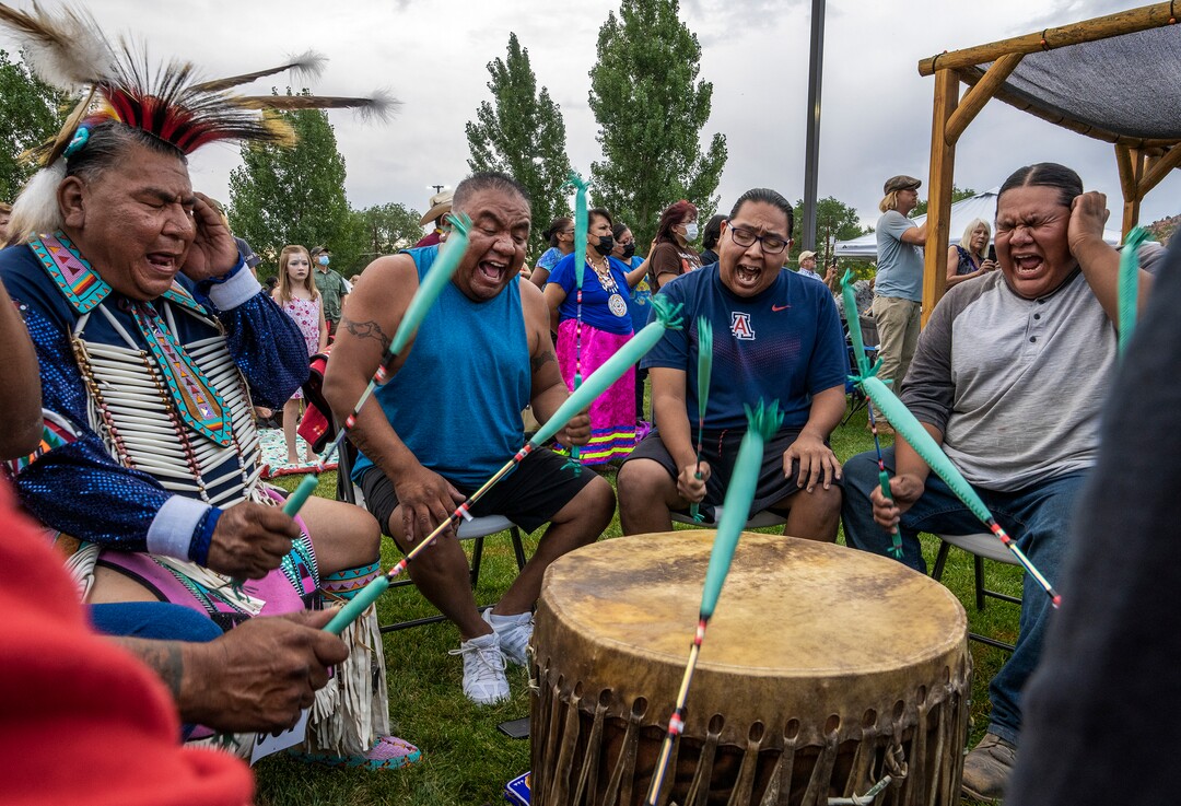 (Leah Hogsten | The Salt Lake Tribune The Sage Point drummers from Ft. Hall, ID perform the opening song on Friday evening of the 41st Annual Paiute Indian Tribe of Utah Restoration Gathering, Aug. 13, 2021 in Cedar City, Utah.
