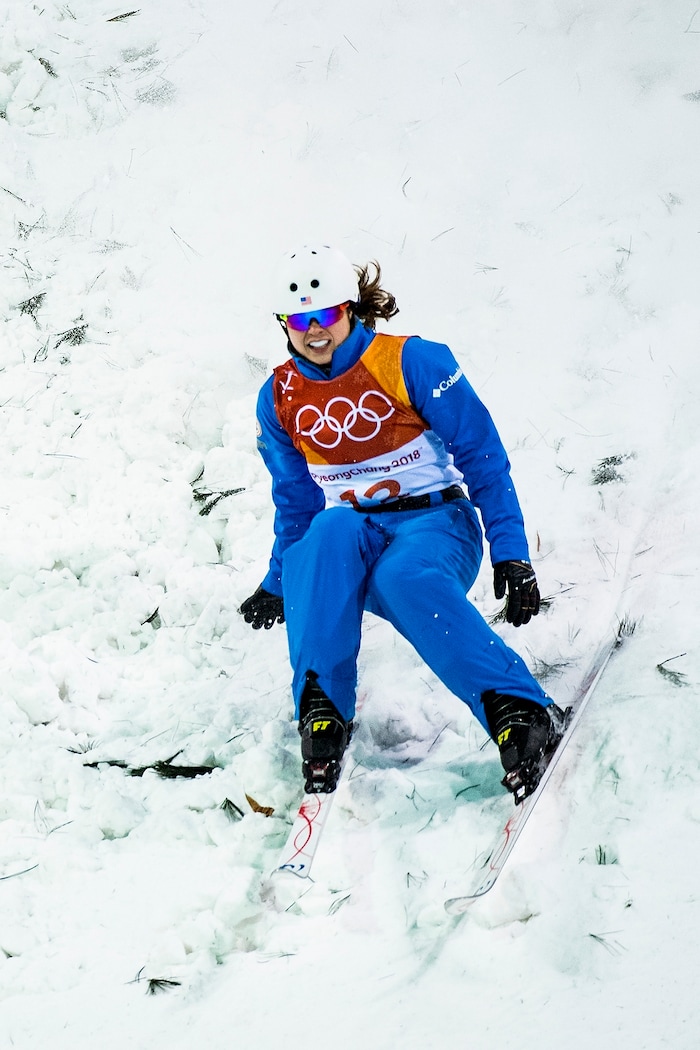(Chris Detrick  |  The Salt Lake Tribune)  USA's Ashley Caldwell competes during the Ladies' Aerials Qualification at Phoenix Park during the Pyeongchang 2018 Winter Olympics Thursday, Feb. 15, 2018.  Caldwell's highest score was 81.81 and did not advance to the finals. 